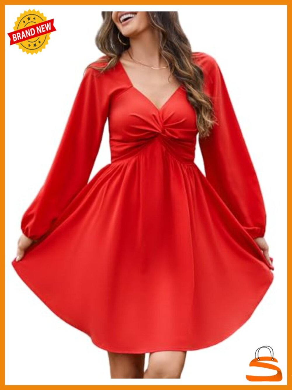 Women's Sweetheart Knot Front Smocked Back Lantern Sleeve Chiffon Mini Dress